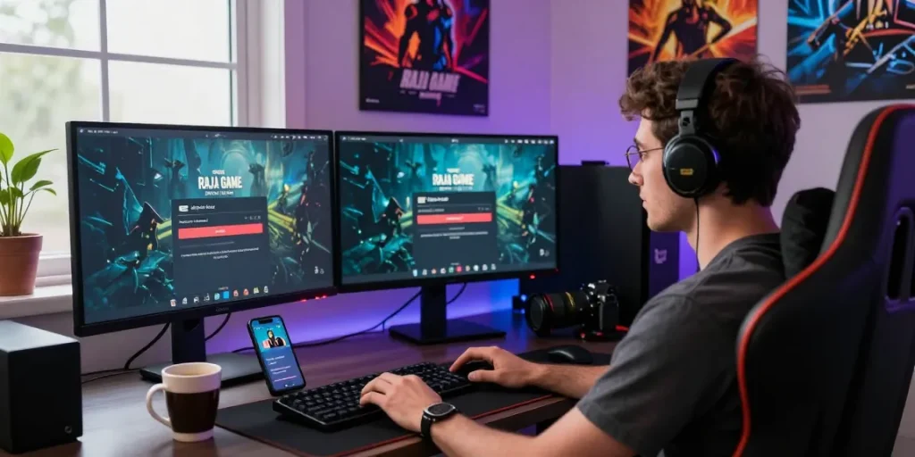 Raja Game login interface on dual monitors for an engaging online gaming setup.