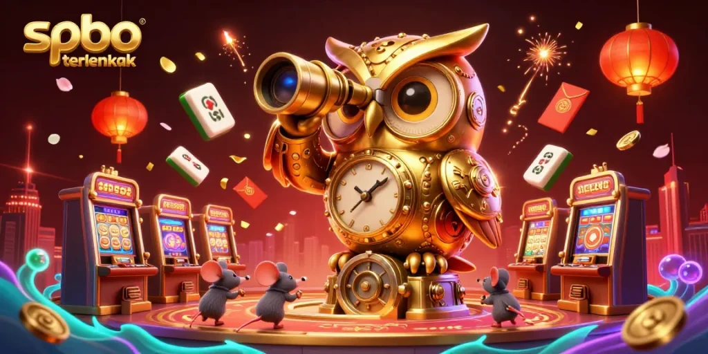 Experience spbo terlengkap with vibrant casino elements, featuring an owl and lively gaming action.