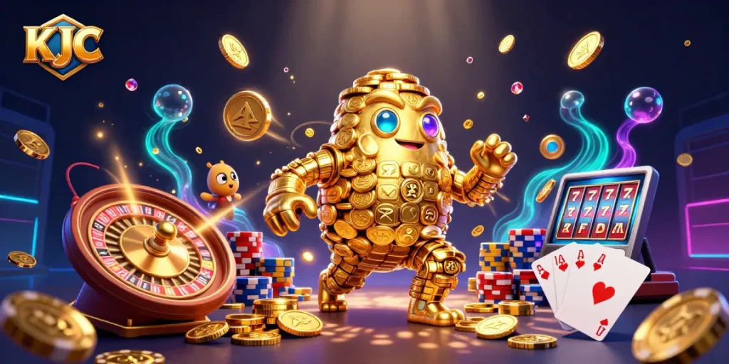 KJC showcases an energetic casino scene with a golden golem and dynamic gaming elements.