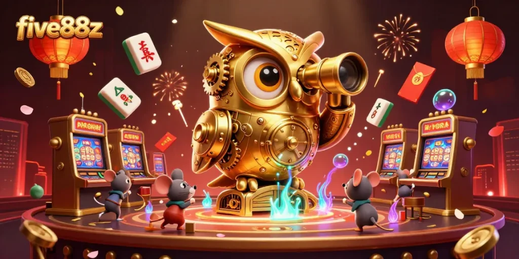 The five88z casino experience is captured with a clockwork owl and dynamic slot machine elements.