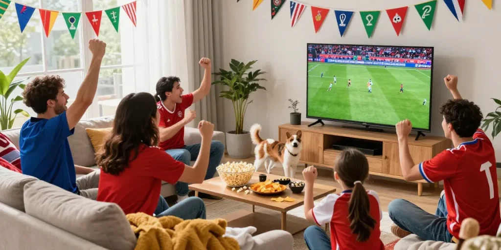 Enjoy the thrill of متابعة مباريات كأس العالم 2026 with friends in a lively living room.