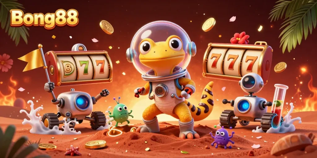 Bong88 offers exciting online gaming experiences with a vibrant casino-themed illustration showcasing colorful slot reels and dynamic elements.