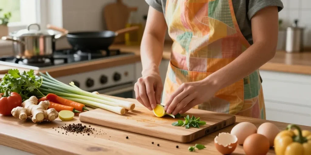 Healthy culinary preparation featuring เว็บสล็อต ingredients like ginger and lemongrass in a warm kitchen setting.