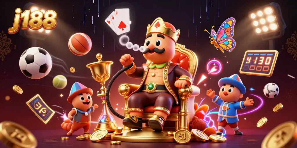 j188 showcases a dynamic casino scene with a caterpillar hookah-master, poker symbols, and vibrant sports elements.