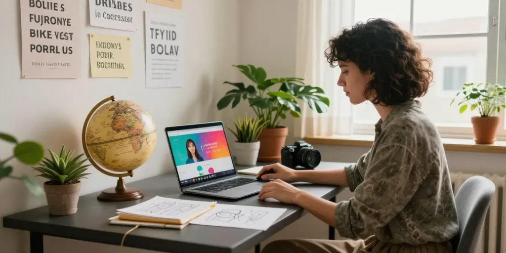 Suasana kerja kreatif halte4d di ruang kantor rumah modern, individu dengan laptop dan inspirasi.